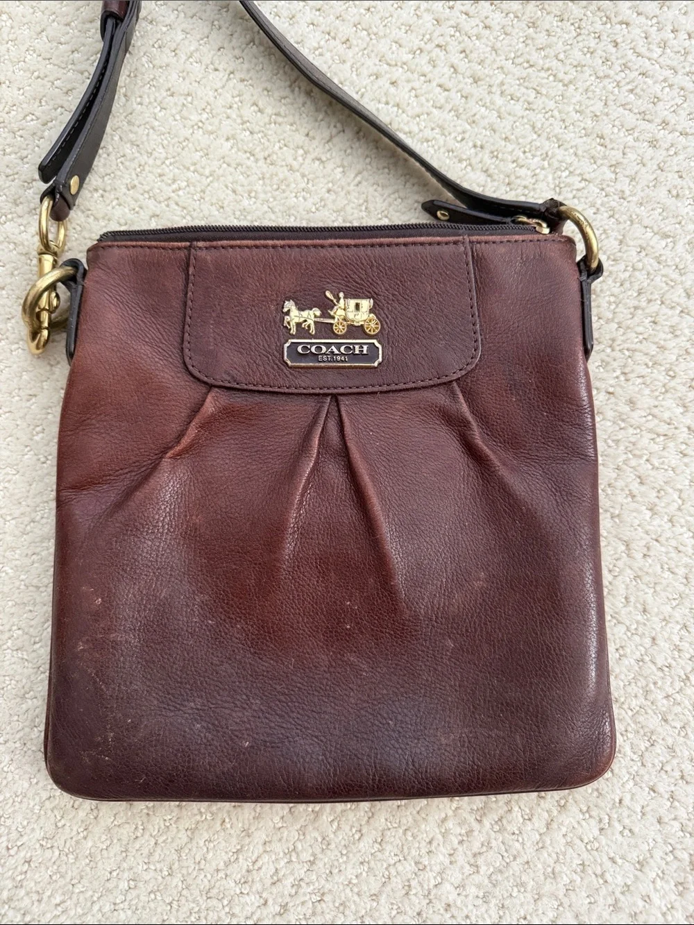 Coach Dark Brown Leather Crossbody with Gold Tone Logo